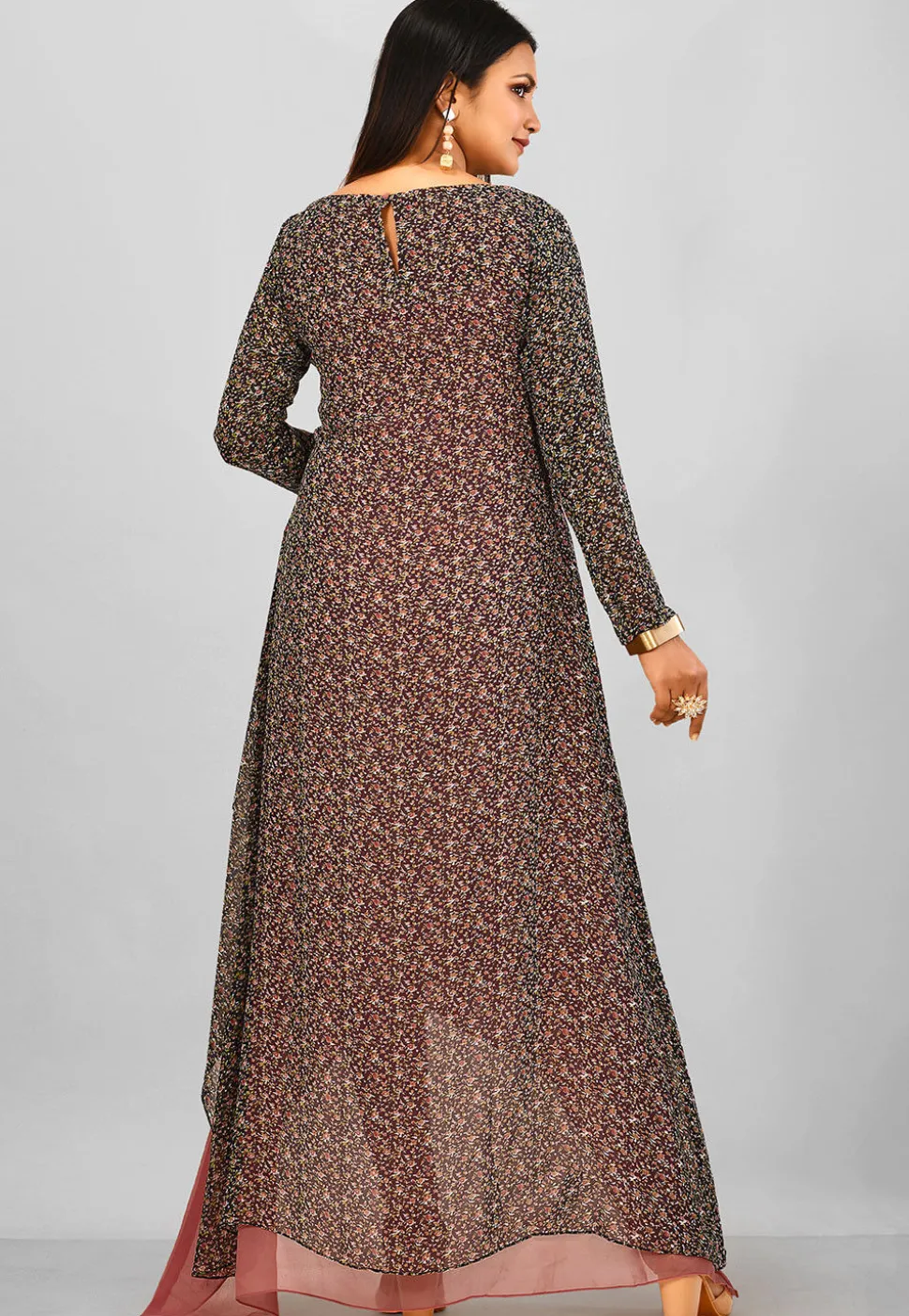 Printed Georgette Asymmetric Kurta in Black and Peach