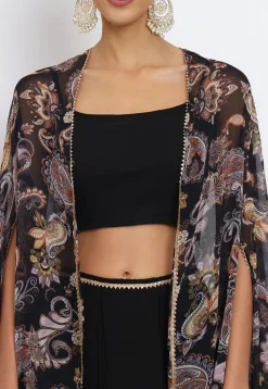 Printed Georgette Crop Top Set with Jacket in Black