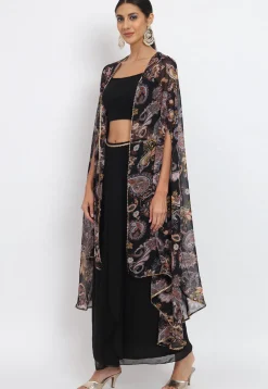 Printed Georgette Crop Top Set with Jacket in Black