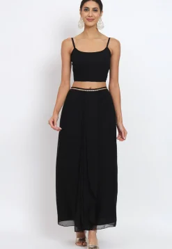 Printed Georgette Crop Top Set with Jacket in Black