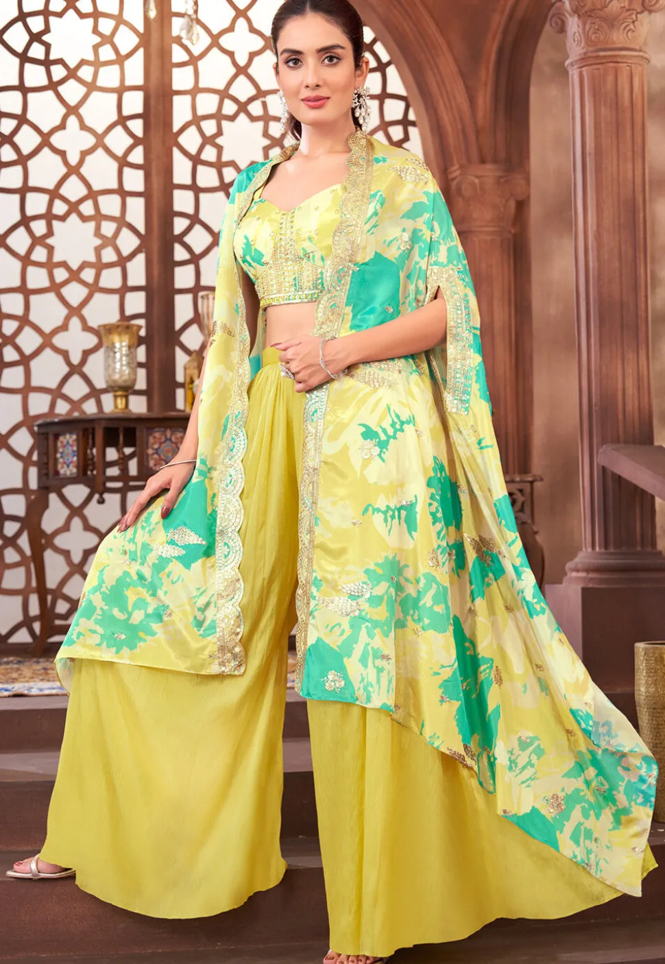 Printed Georgette Crop Top Set in Yellow