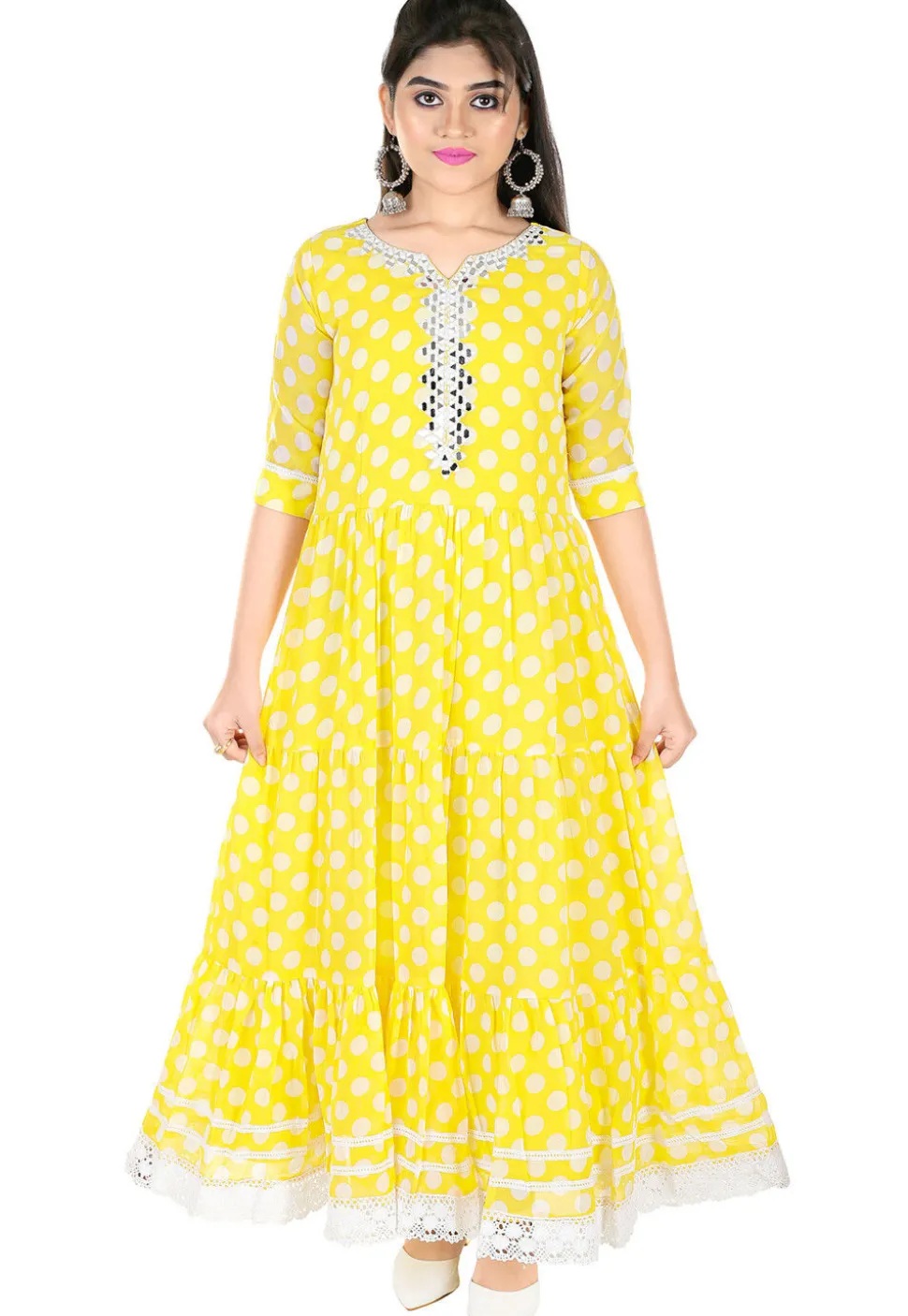 Printed Georgette Gown in Yellow