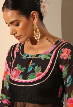 Printed Georgette Lehenga in Black
