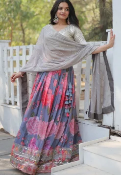 Printed Georgette Lehenga in Grey