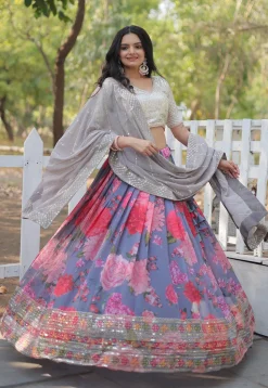 Printed Georgette Lehenga in Grey