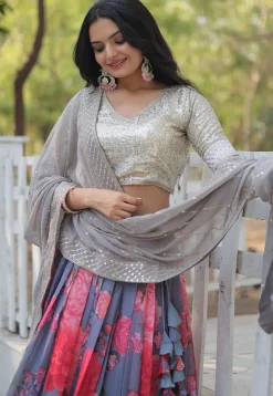 Printed Georgette Lehenga in Grey