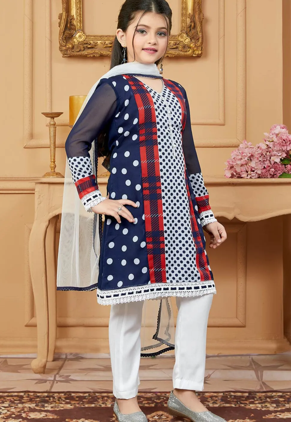 Printed Georgette Pakistani Suit in Navy Blue
