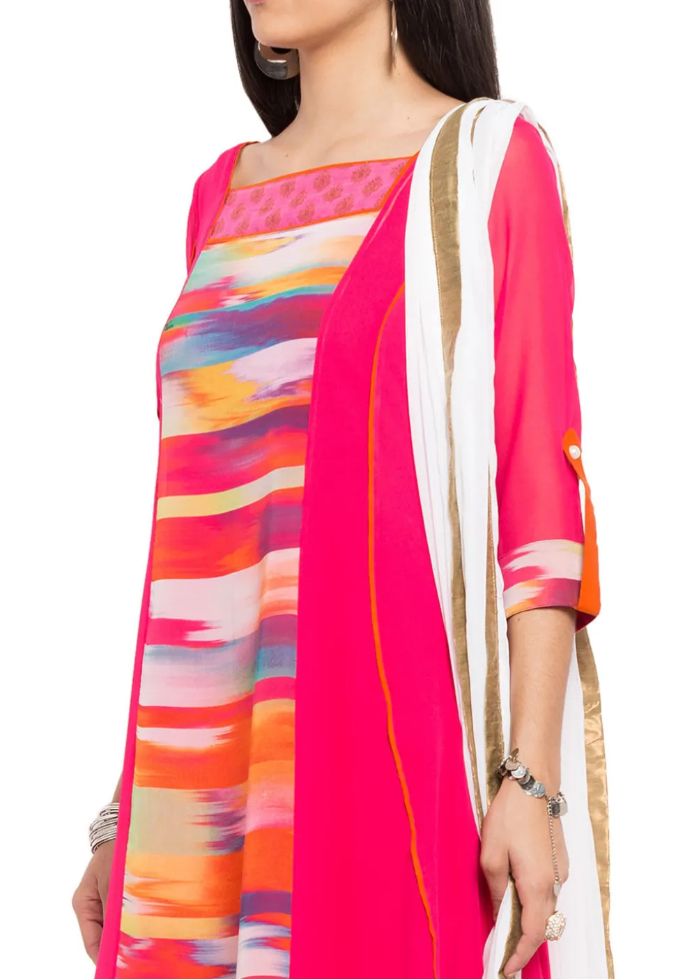 Printed Georgette Pakistani Suit in Fuchsia and Multicolor