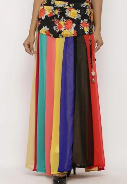 Printed Georgette Panelled Skirt in Multicolor