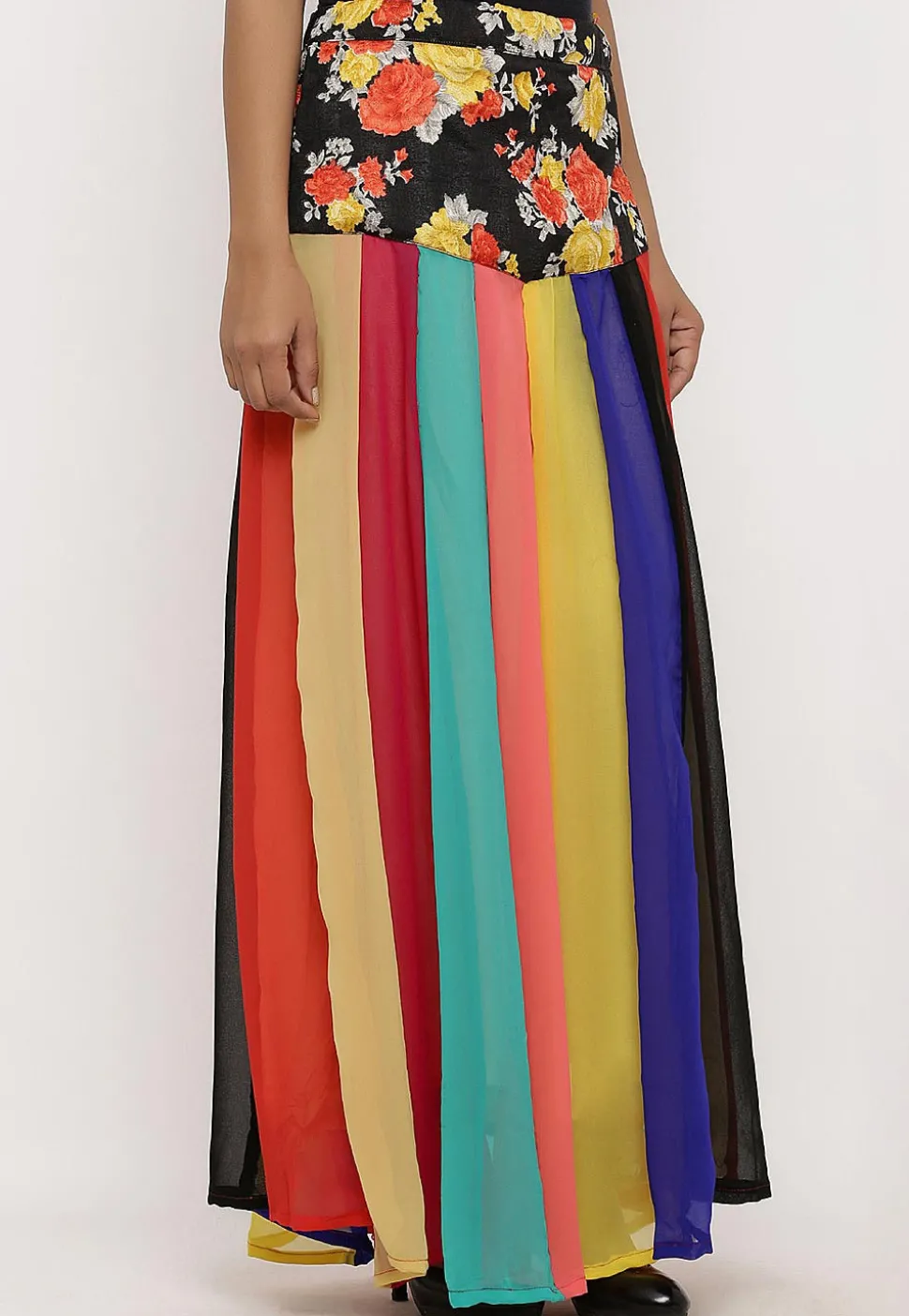Printed Georgette Panelled Skirt in Multicolor