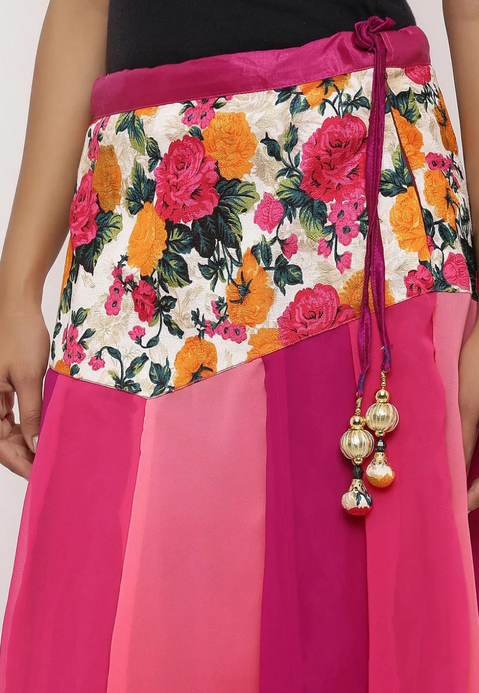 Printed Georgette Panelled Skirt in Multicolor