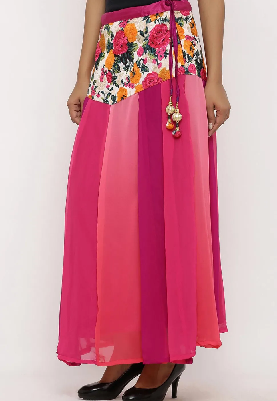 Printed Georgette Panelled Skirt in Multicolor