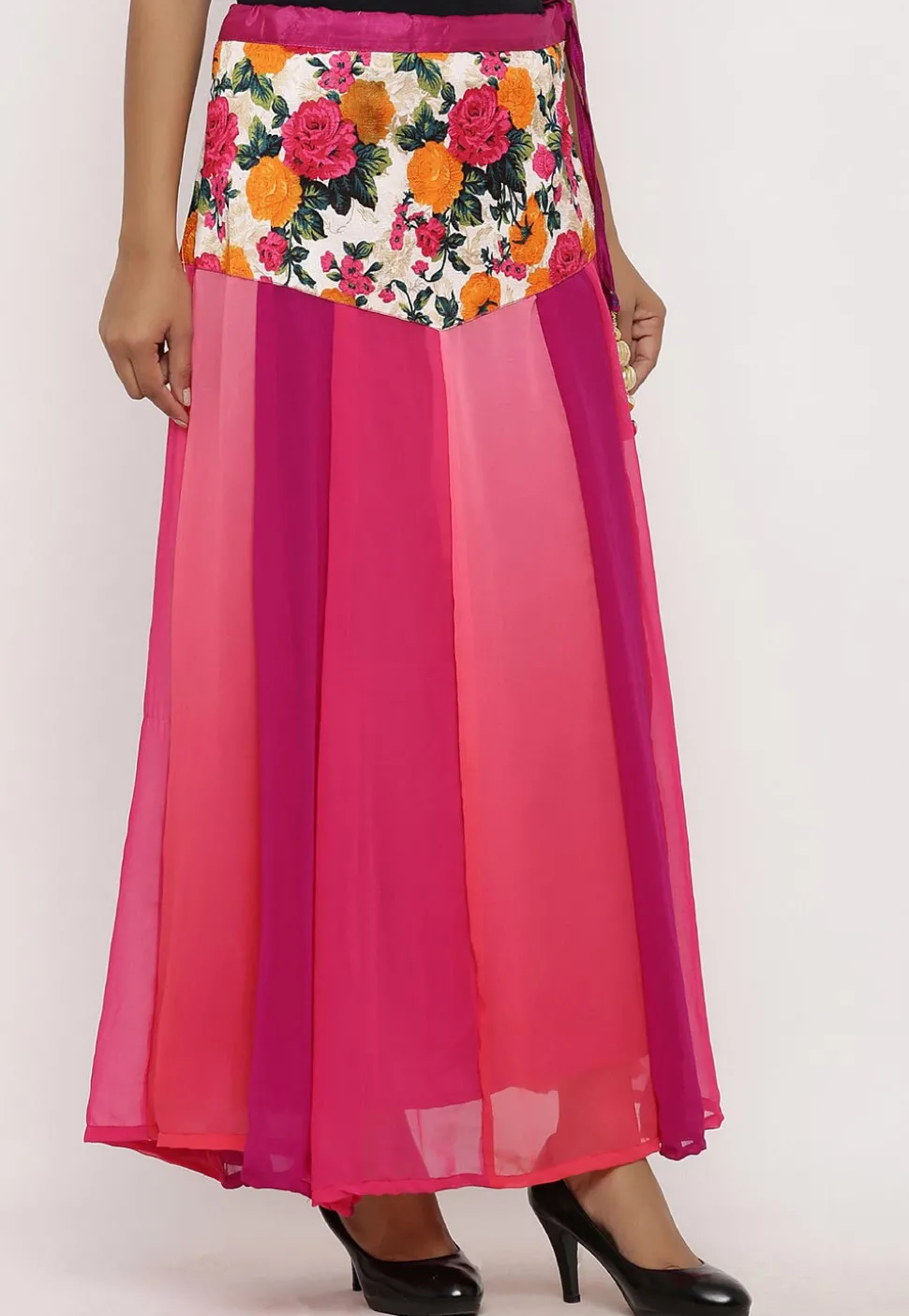 Printed Georgette Panelled Skirt in Multicolor