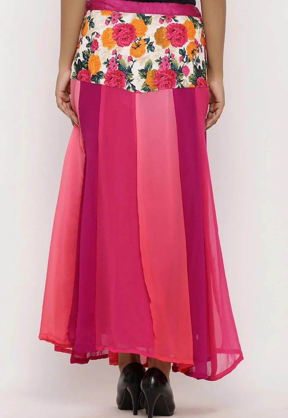 Printed Georgette Panelled Skirt in Multicolor