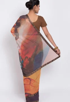 Printed Georgette Saree in Beige and Multicolor