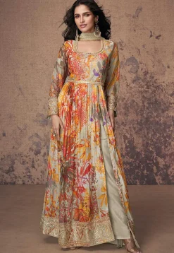 Printed Georgette Side Slit Abaya Style Suit in Beige