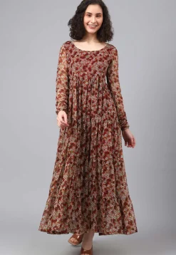 Printed Georgette Tiered Dress in Multicolor