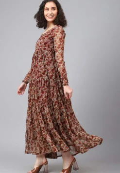 Printed Georgette Tiered Dress in Multicolor