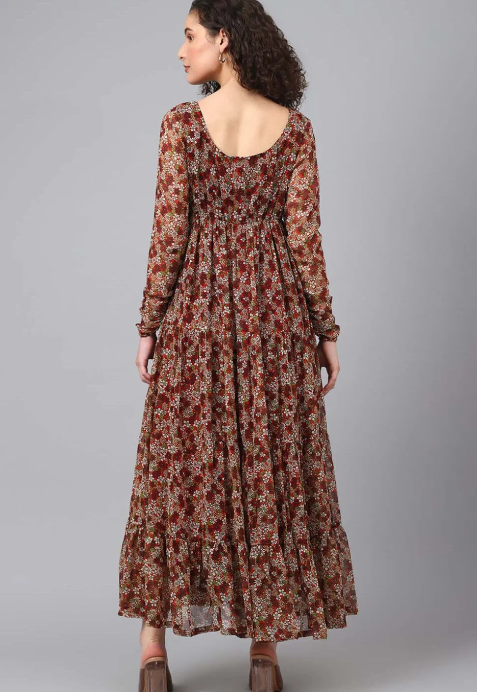 Printed Georgette Tiered Dress in Multicolor