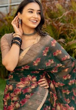 Printed Kota Doriya Saree in Dark Green