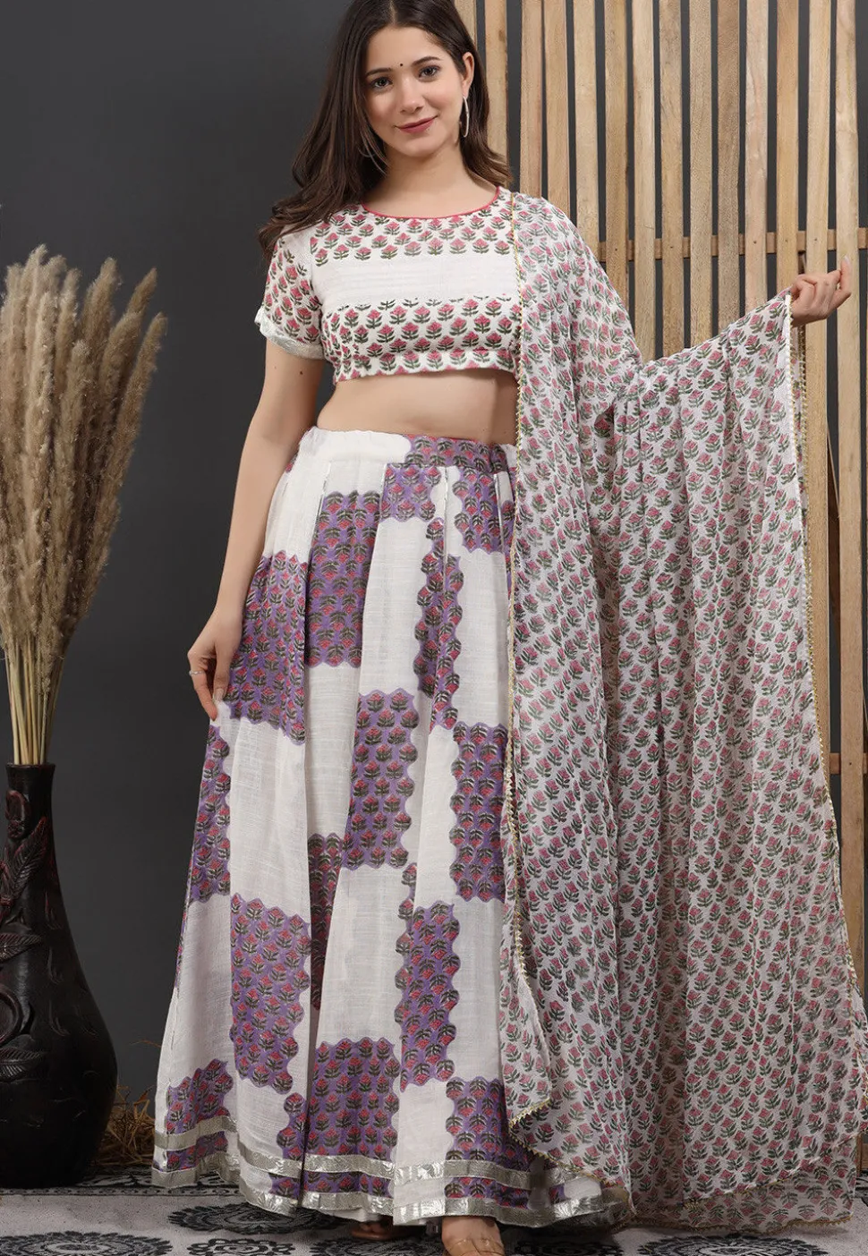 Printed Linen Lehenga in Off White