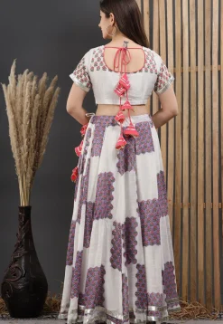 Printed Linen Lehenga in Off White