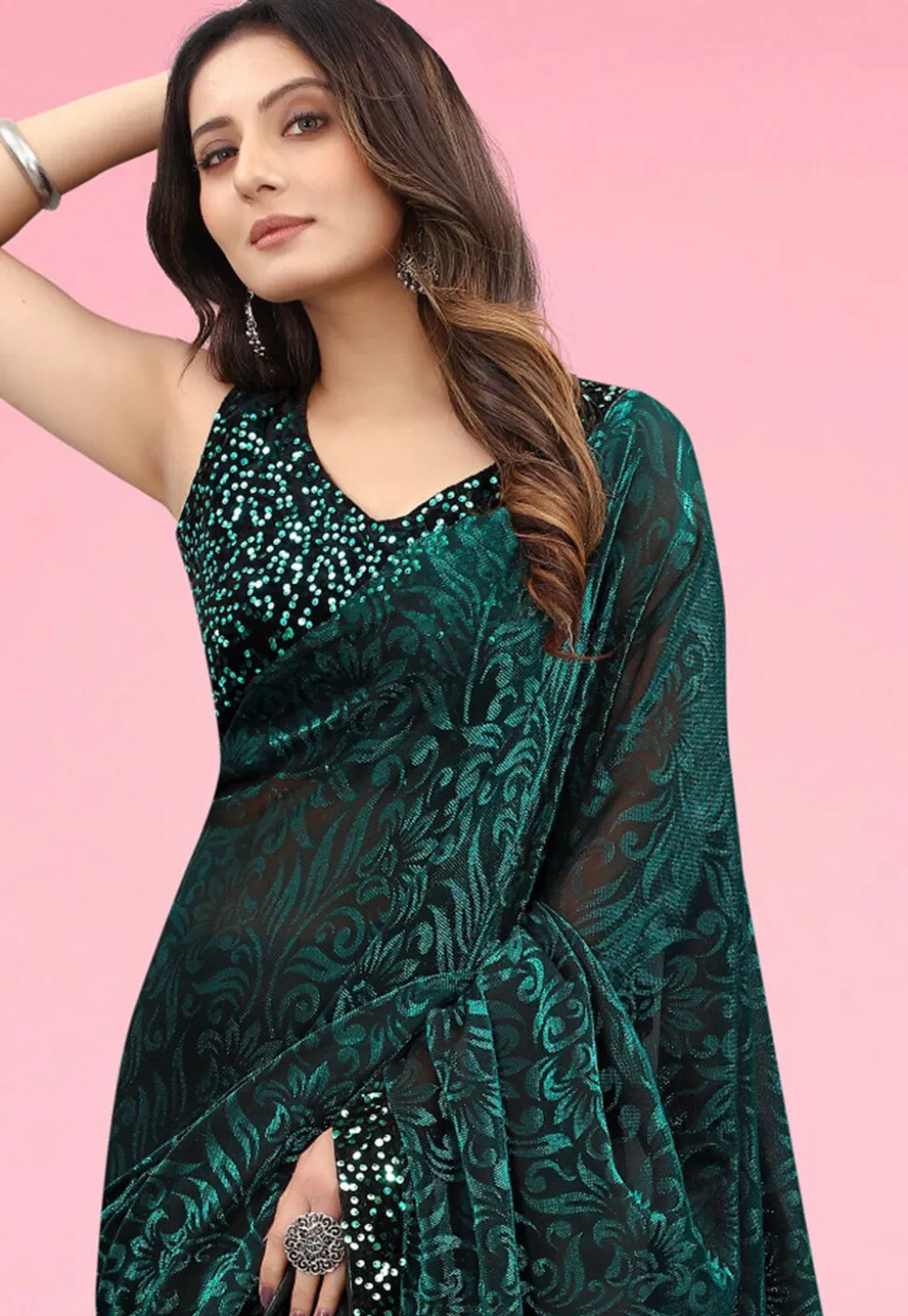 Printed Lycra (Elastane) Saree in Dark Green