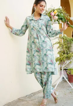 Printed Modal Muslin Cotton Co Ord Set in Light Green