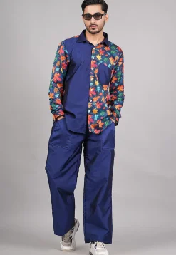 Printed Modal Satin Co Ord Set in Navy Blue