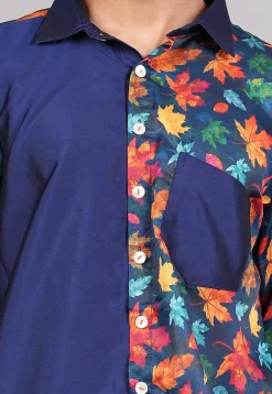 Printed Modal Satin Co Ord Set in Navy Blue