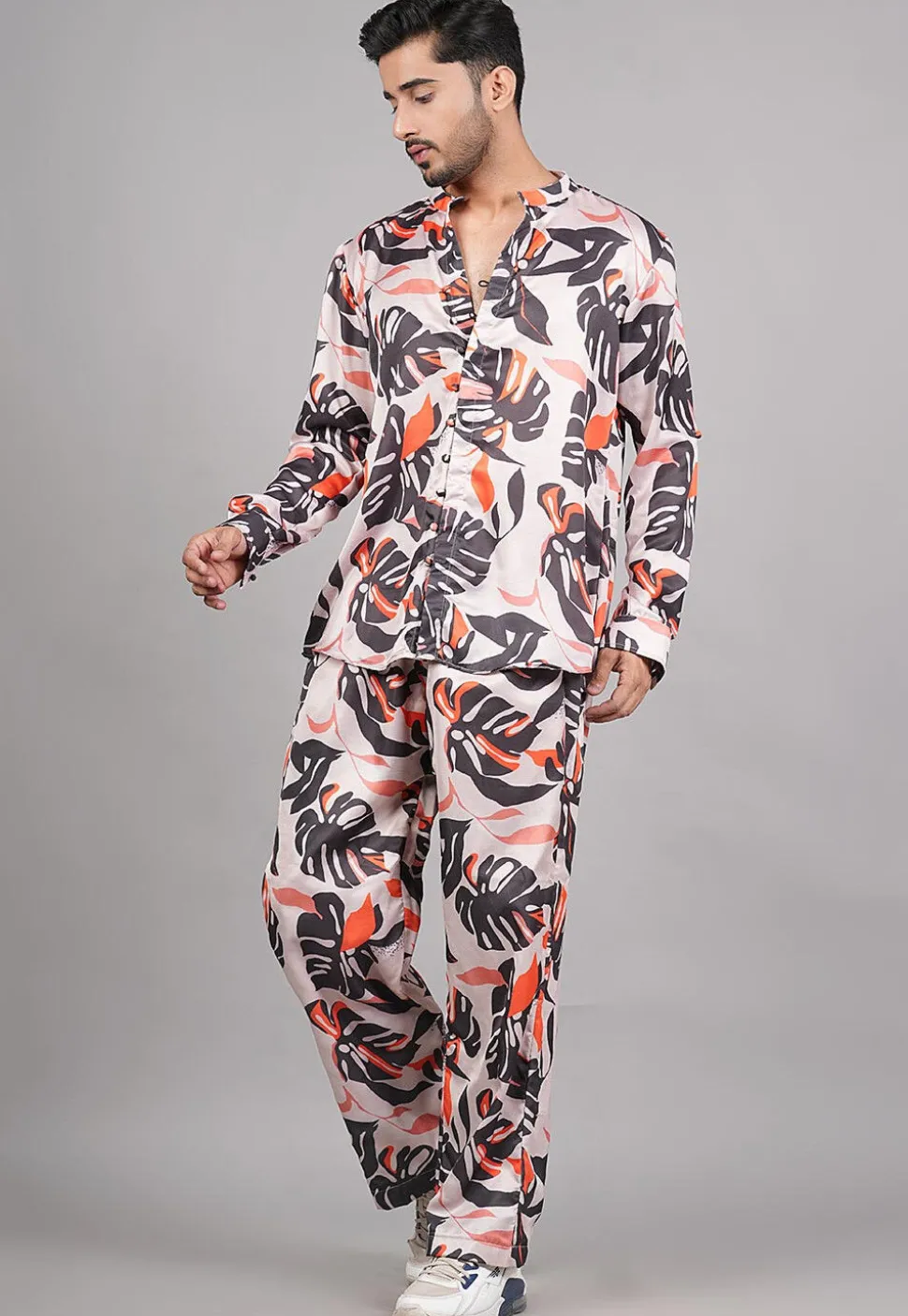 Printed Modal Satin Co Ord Set in Light Peach