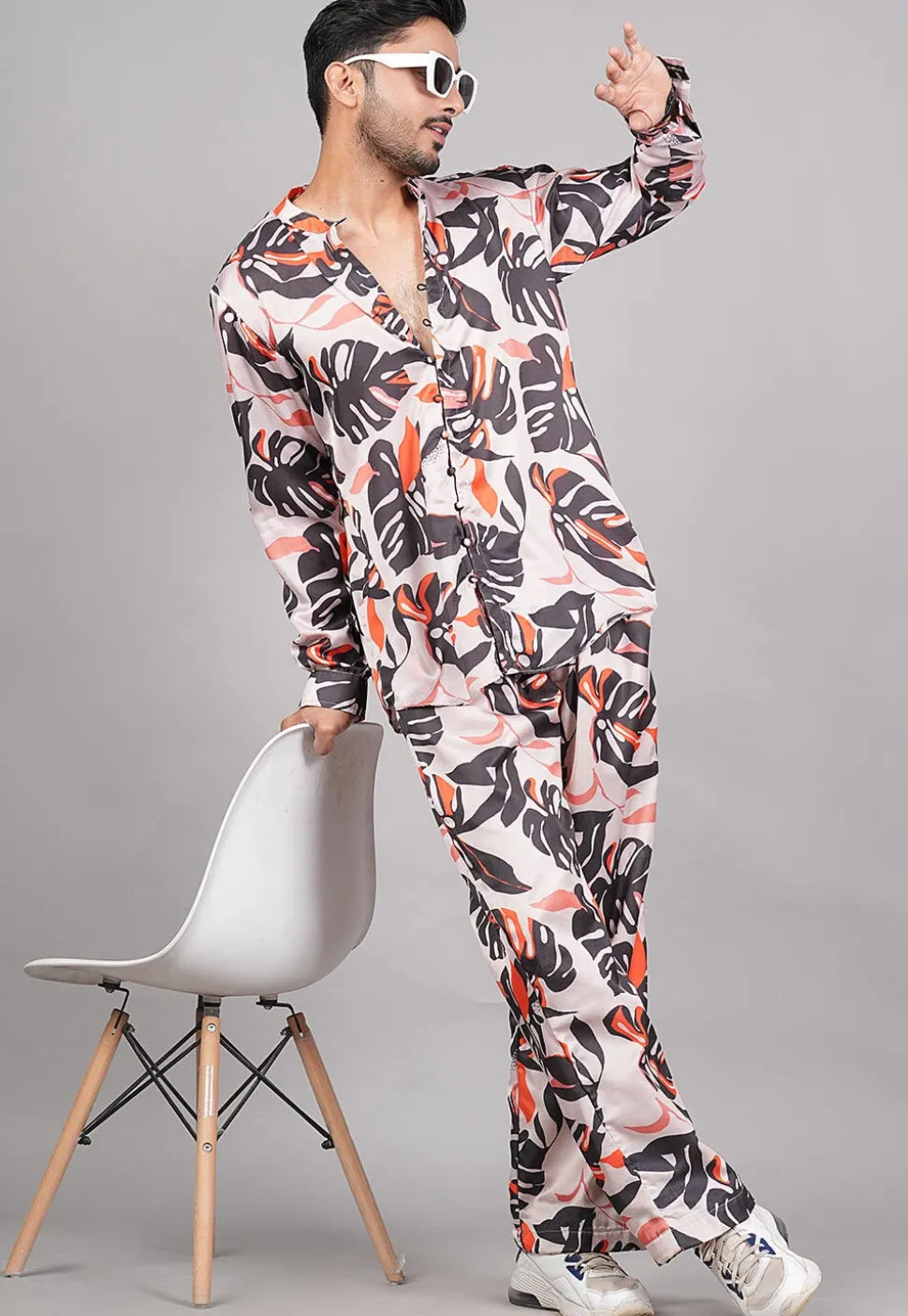 Printed Modal Satin Co Ord Set in Light Peach