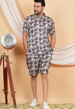 Printed Modal Satin Co Ord Set in Off White