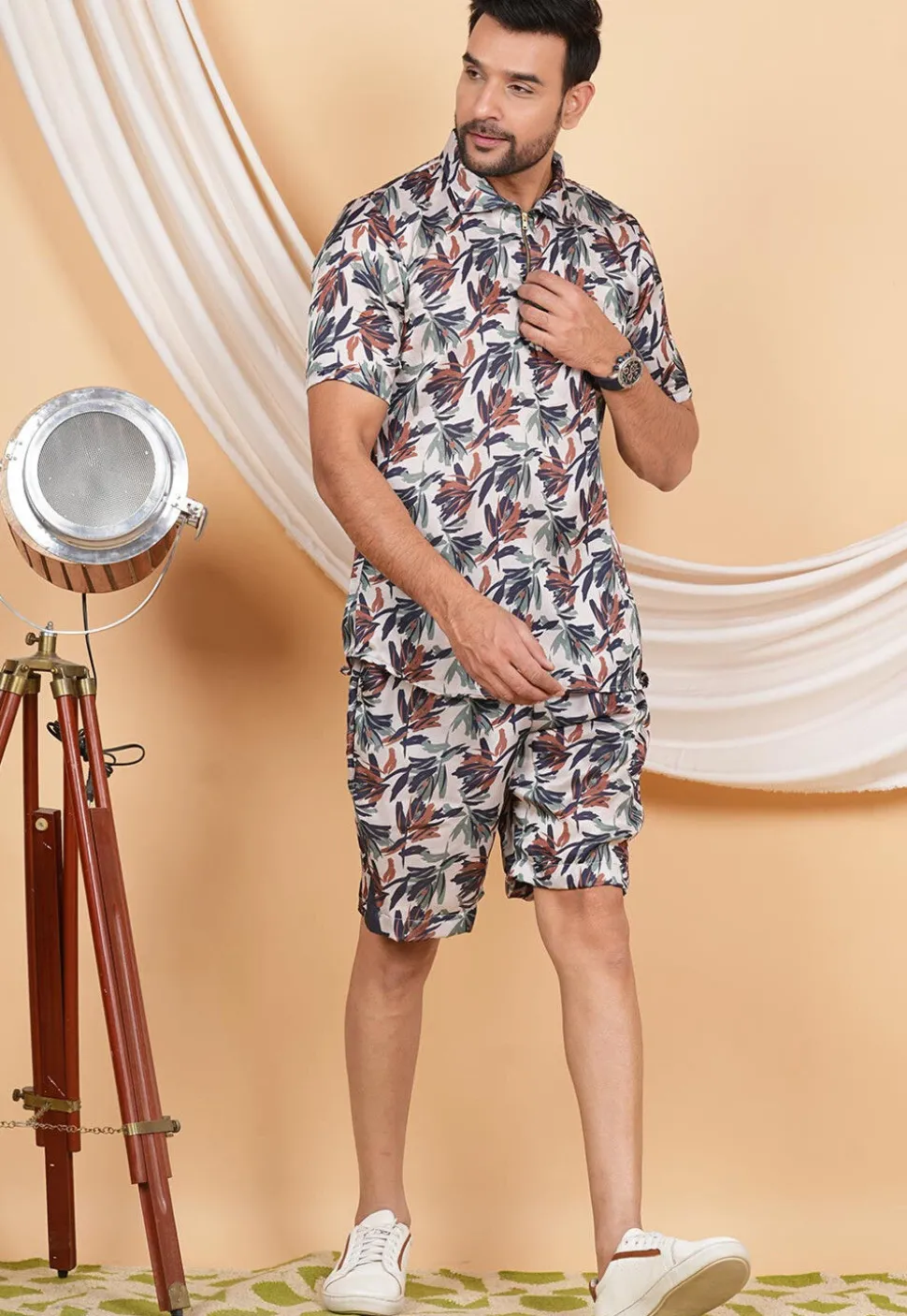 Printed Modal Satin Co Ord Set in Off White