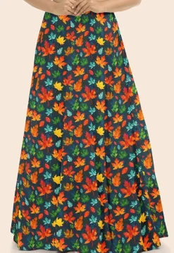 Printed Modal Satin Flared Skirt in Navy Blue