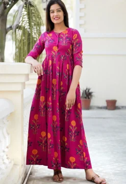 Printed Muslin Cotton Maxi Dress in Fuchsia