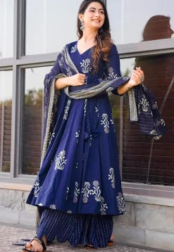 Printed Muslin Cotton Pakistani Suit in Navy Blue