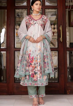 Printed Muslin Silk Aline Suit in Off White