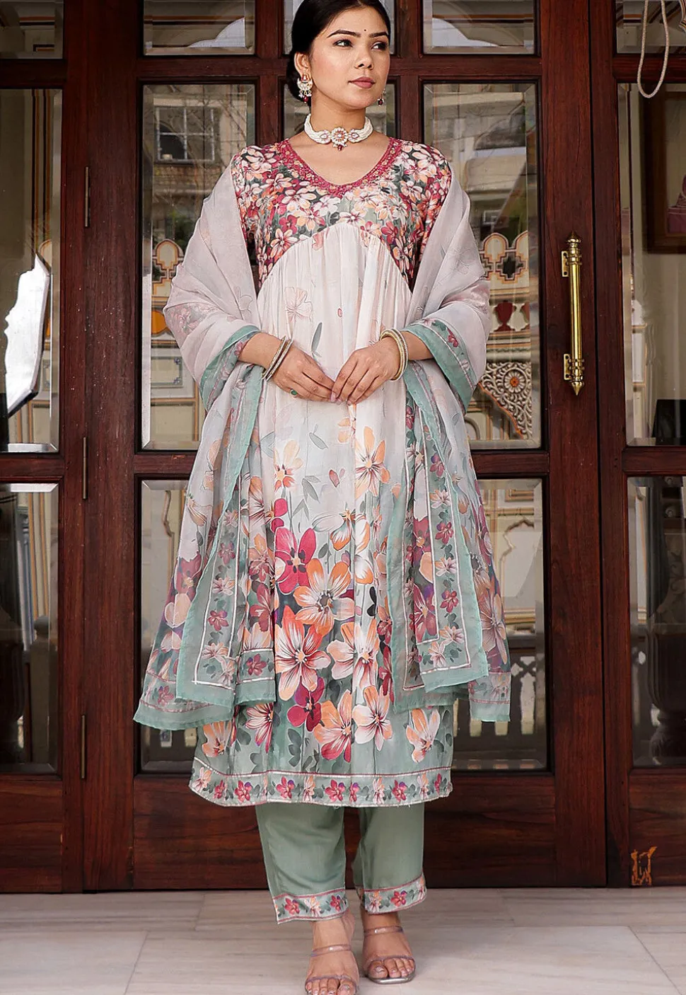Printed Muslin Silk Aline Suit in Off White