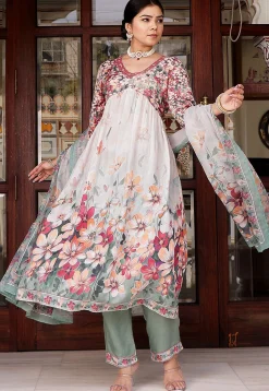 Printed Muslin Silk Aline Suit in Off White
