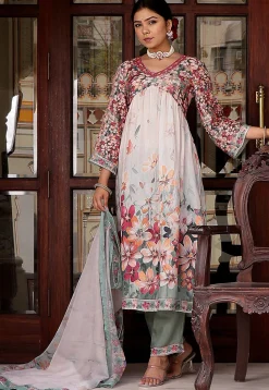 Printed Muslin Silk Aline Suit in Off White