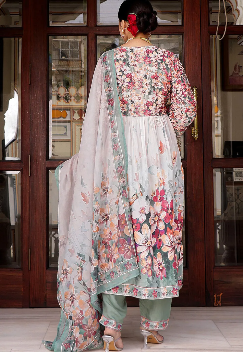 Printed Muslin Silk Aline Suit in Off White