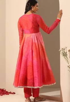 Printed Muslin Silk Anarkali Suit in Pink And Coral