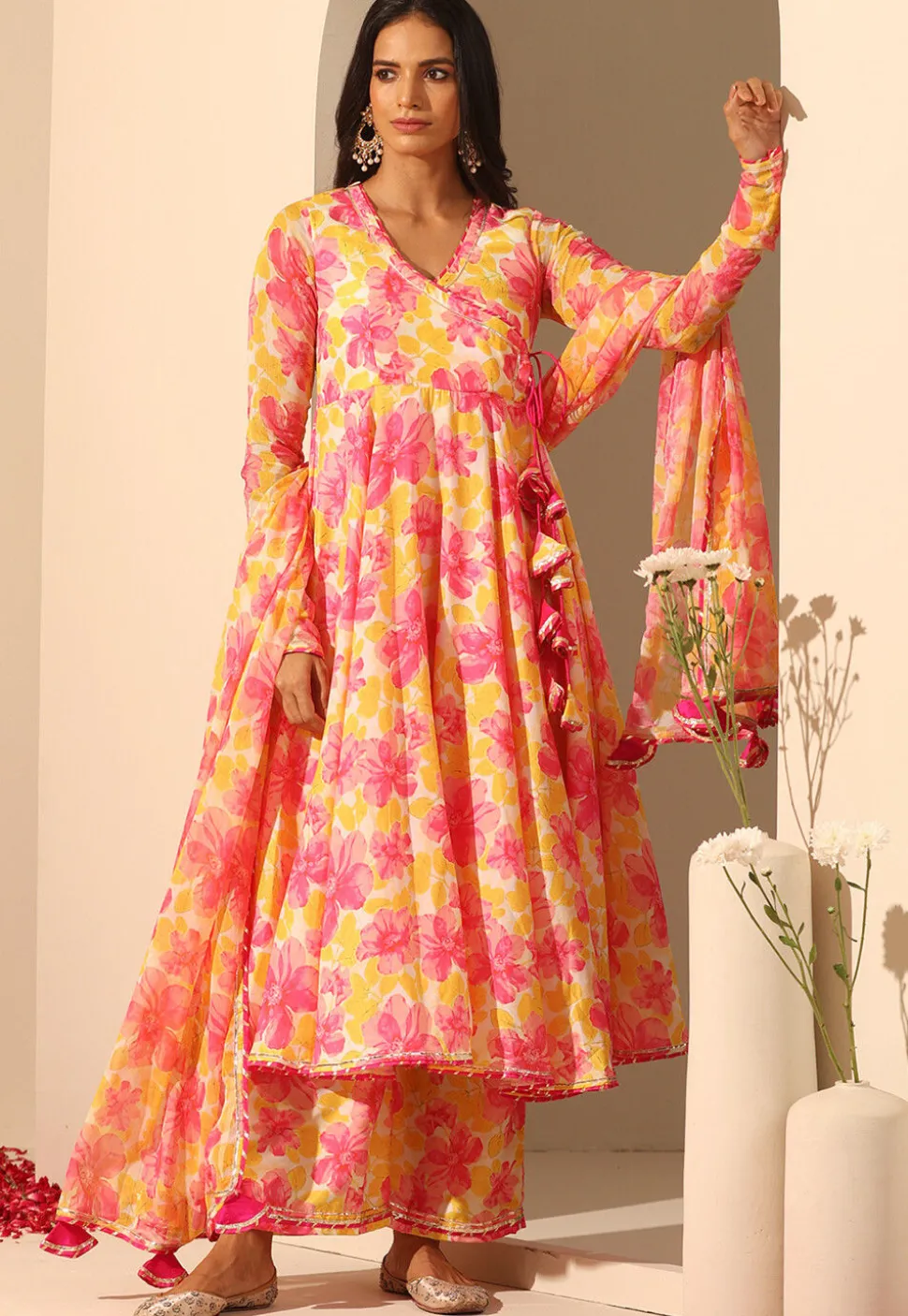 Printed Muslin Silk Anarkali Suit in Yellow