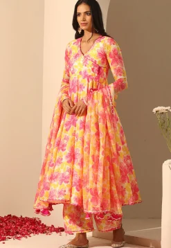 Printed Muslin Silk Anarkali Suit in Yellow
