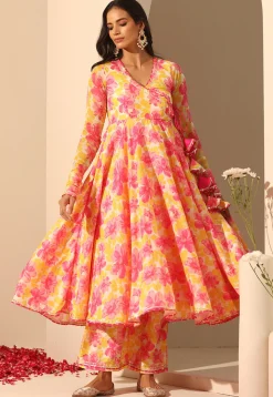 Printed Muslin Silk Anarkali Suit in Yellow