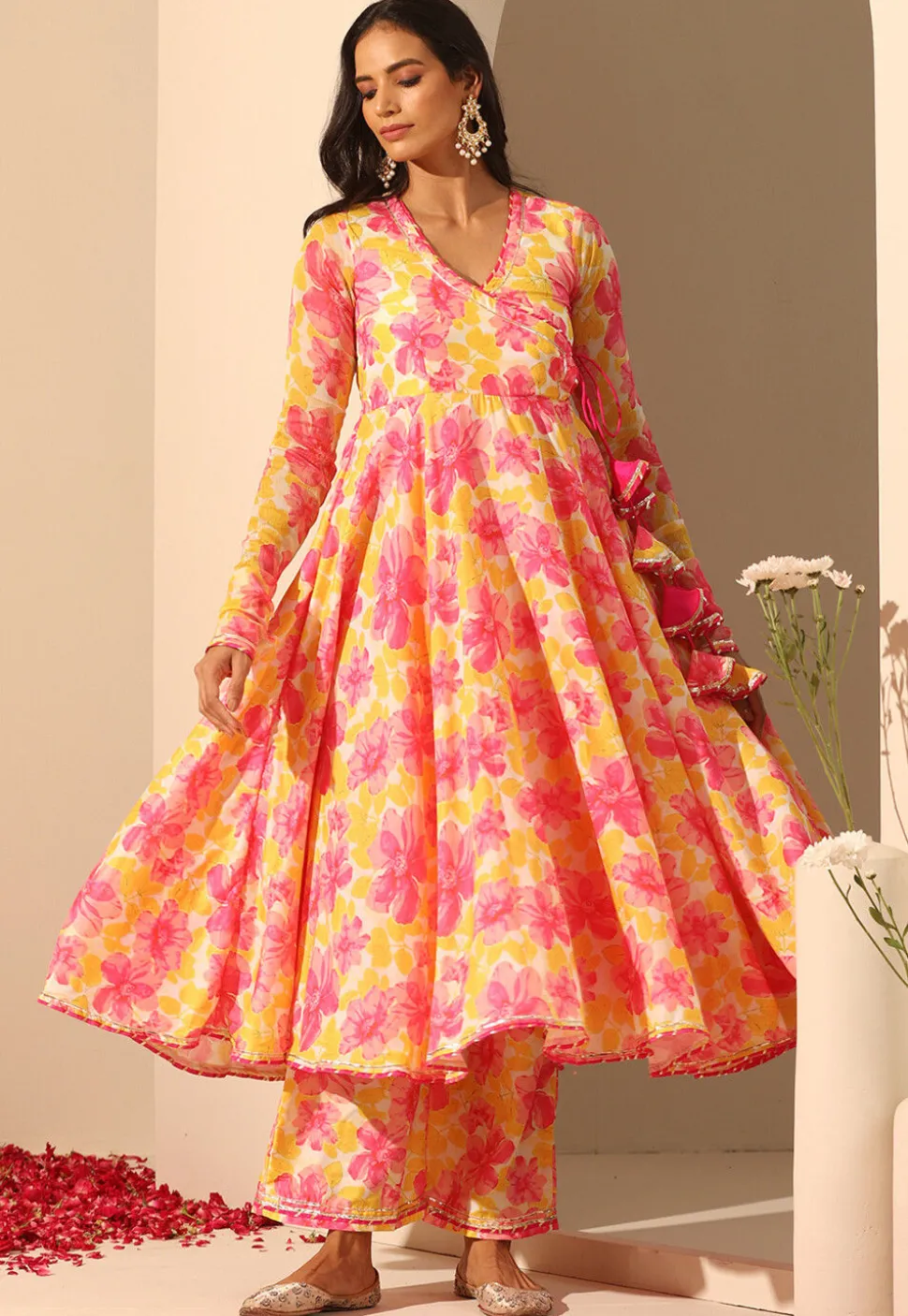 Printed Muslin Silk Anarkali Suit in Yellow