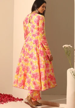 Printed Muslin Silk Anarkali Suit in Yellow