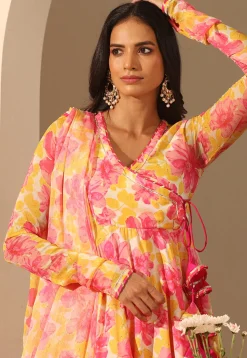 Printed Muslin Silk Anarkali Suit in Yellow