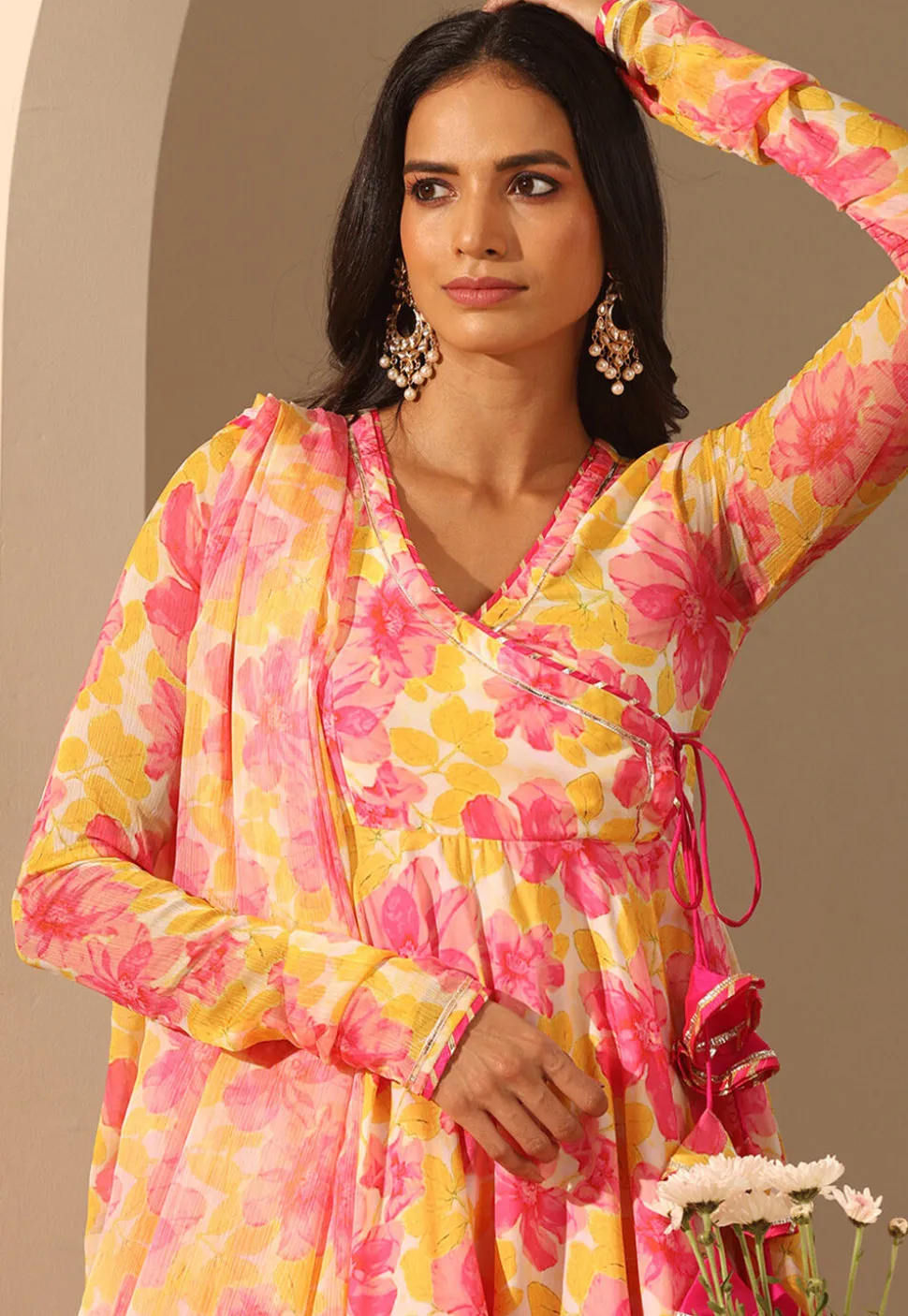 Printed Muslin Silk Anarkali Suit in Yellow